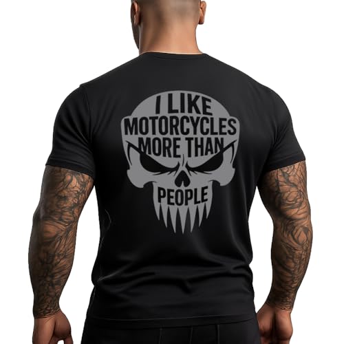 Camiseta de Moto con Cráneo 'Me Gustan las Motocicletas Más que las Personas', Negro, Diseño Motero, Negro , L