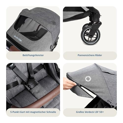 Maxi-Cosi Eva3 Kinderwagen, 0–4 Jahre, 0–22 kg, Baby Kinderwagen, Leicht und kompakt, Flache Liegeposition, 3 Liegepositionen, Automatisch mit 1 Hand klappbar, Tragegurt, Select Grey