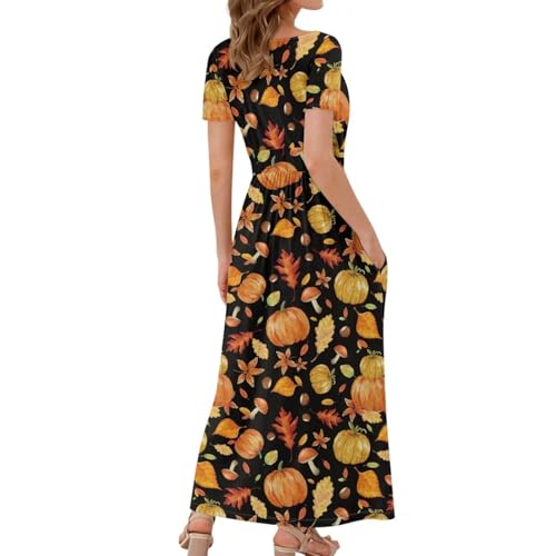 Image of Women's Fall Summer Short Sleeve Ankle Length V-Neck Party Dress with Pockets Size S-3XL