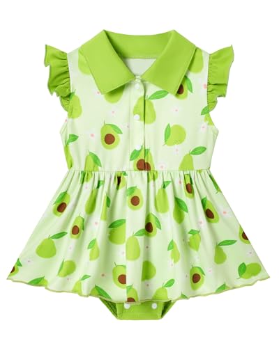 YALLET Baby Girl Dress Flutter Sleeves Polo Collar Newborn Infant Dresses Snap Button Romper Cute Print for Photos Daily Wear, Avocado Green, 6-12 Months
