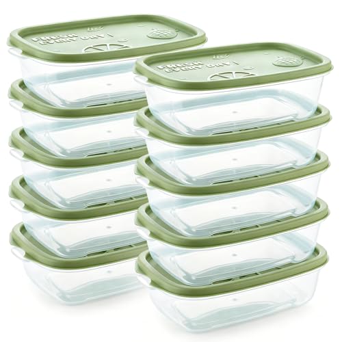 10Pcs Food Storage Container Set with Lid - 500ML Per Plastic Food Container Airtight Box Rectangle Leakproof PP Food Prep Storage Sets Reusable for Microwave Freezer Dishwasher School/ Work (Green)