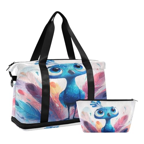 Blue Peacock Feathers Duffel Bag for Women Men Gym Bag with Shoe Compartment Wet Pocket Carry On Weekender Overnight Bags for Travel Gym Yoga School2