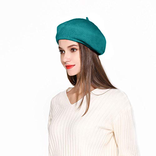 Wool Beret Hat Solid Color French Artist Beret with Skily Scarf and Brooch (Dark Lake Blue) - Thumbnail 4