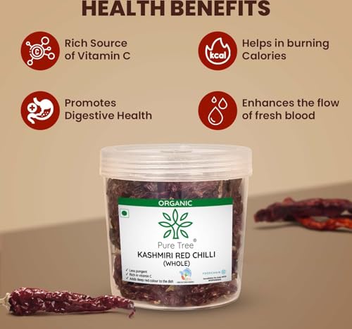 Image of Pure Tree Certified Organic Kashmiri Lal Mirch | 100 g | Jar | Red Chilli Whole | Sabut Lal Mirch | Kashmiri Chilli Lal Mirch Whole Strong Smoky Spice | Dry Red Chilli Whole