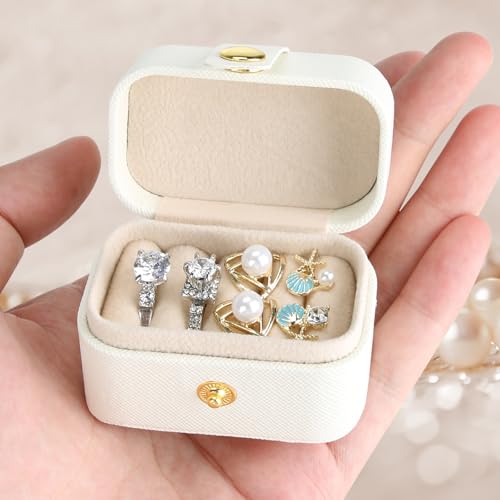 KUKUVR Small Travel Jewelry Box For Ring Stud Earring, Mini Jewelry Ring Holder for Multiple Rings, Portable Jewelry Storage Organizer Case (White)