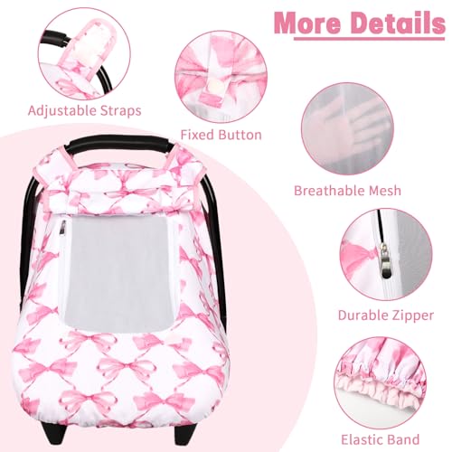 Image of Car Seat Cover Baby, HNHUAMING Infant Car Seat Covers Canopy for Baby Girl Boy, Cozy & Windproof Newborn Carseat Covers Minky Dot Backing Stroller Cover with Breathable Mesh Window, Pink Bow