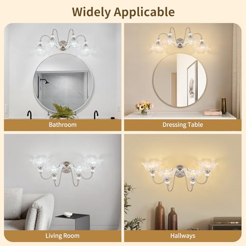 Image of Brushed Nickel Bathroom Vanity Light, 4-Light Vanity Light with Floral Clear Glass Shades, Brushed Nickel Wall Mount Lighting for Bathroom, Dressing Table