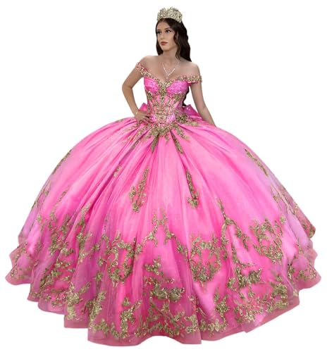Mauuwy Gold Appliques Quinceanera Dress Ball Gown Beaded Bow 15 Years Dress Quinceañera Off Shoulder Vestidos De 15 Años