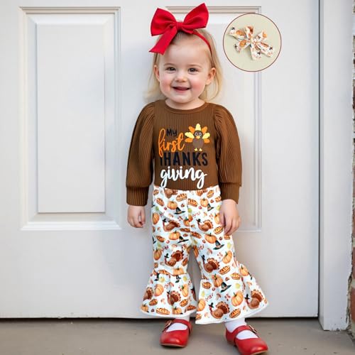 My First Thanksgiving Baby Girl Outfit Newborn Puff Sleeve Ribbed Knit Turkey Bodysuit Flare Pant Headband Clothes2