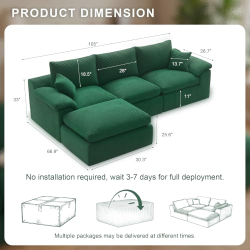 Image of Cloud Sectional Couch, Boneless Couches for Living Room, Green | L shaped, Modular Sectional Sofa with Deep Seat & Convertible Ottoman, Built for Family Life, Apartments & Living Rooms
