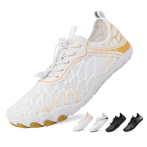 Scarpe Barefoot Minimaliste Uomo Outdoor e Indoor Trekking Fitness Donna Scarpe Multisport per Corsa Antiscivolo Traspirante Morbido Leggere Bianco Oro 45EU