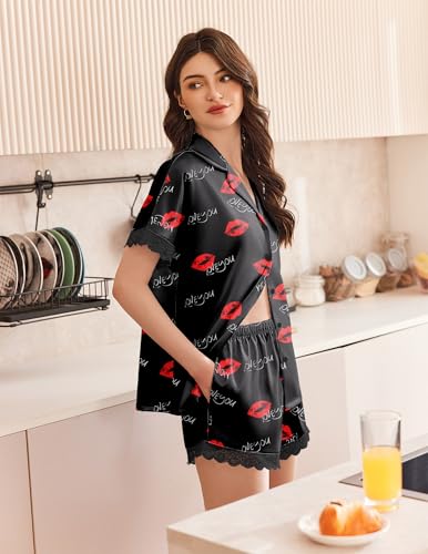 Image of Ekouaer Womens Lace Satin Pajama Set Button Down Pj Shorts Set Bridesmaids Getting Ready Outfits Casual Sleepwear XS-XXL