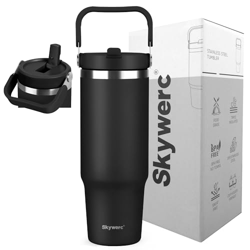 30 oz Tumbler with Handle and Straw | Vacuum Insulated Water Bottles with Flip Straw and Top Handle | Stainless Steel Travel Mug Reusable Insulated Cup for Home, Outdoors | Cold for 30 Hours | Black