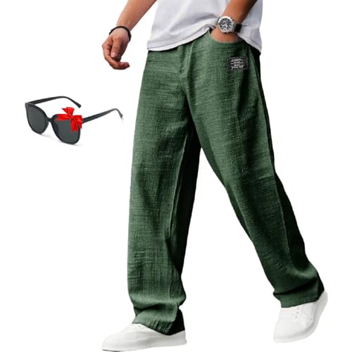 Mokaloha Mens Pants, Pacificozy Men's Casual Hemp Embroidered Logo Comfortable and Breathable Elastic Waist Trousers