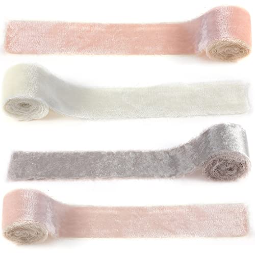 4 Rolls Velvet Ribbon For Gift Wrapping 2 In X 8 Yd Handmade Fringe Frayed Fabric Ribbon Raw Edge Wired Velvet Ribbon For Wedding Invitations Bridal Bouquet Diy Craft Tie Decor (Pink Series) #TOP5