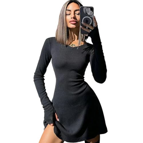 Vestidos Elegantes y Bonitos para Mujer, Vestido Corto Negro Sexy de otoño e Invierno, Minivestido Ajustado de Manga Larga con Cuello de Pico para Mujer, Color sólido