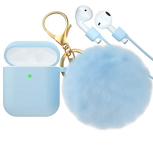 for Airpods Case, CTYBB Silicone Airpods Case Cover with Fur Ball Keychain Compatible with Apple Airpods 2/1 (Front LED Visible) …