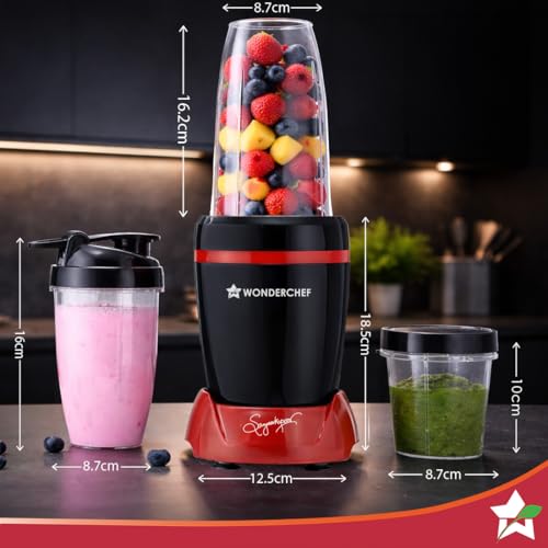 Image of Wonderchef Nutri-Blend Turbo 750W Mixer Grinder Blender Smoothie Maker, 22000 RPM, 3 Jars, Stainless-Steel Blades, Sipper Jar & Lid, 2-Yr Warranty, FREE Recipe Book by Chef Sanjeev Kapoor, Black & Red
