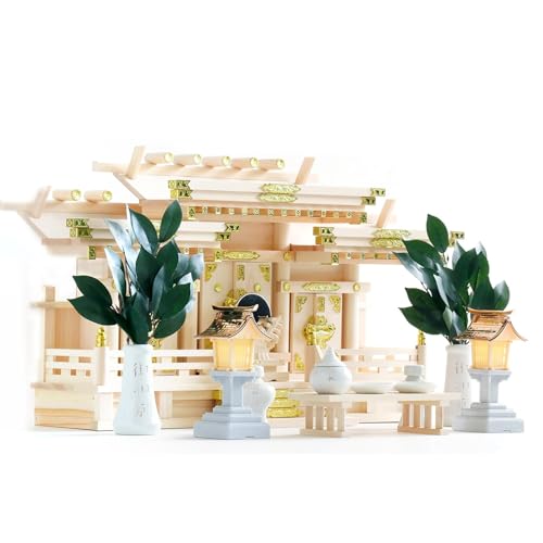 やまこう 神棚 神棚セット 三社 セット 屋根違い 寿福宮 薄型 低床型 金文字神具セット リモコン LED灯ろう 国産 岐阜 東濃桧 お社本体サイズ (cm) 高さ36 幅65 奥行20