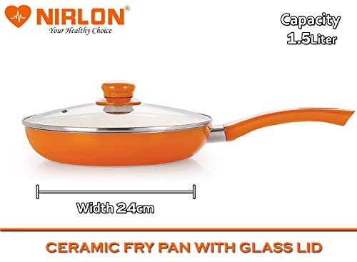 NIRLON Ceramic Induction Base Non-Stick Aluminium Fry Pan and Kadhai with Glass Lid - Set of 2 (Orange) - Image 3