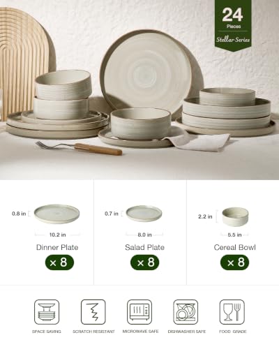 Image of Famiware Stellar 24-Piece Stoneware Dinnerware Set, Matcha Green | Stoneware Plates and Bowls, Handmade Reactive Glaze, Microwave & Dishwasher Safe, Chip & Scratch Resistant