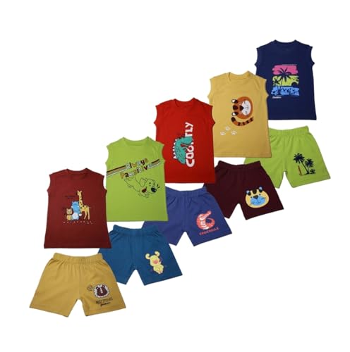 Image of Kids Boys & Girls Tshirt & Shorts | Sleeveless Tshirt Summer Combo Pack, kids Dress, Pack of 5 combo | Unisex Clothing Set for Baby