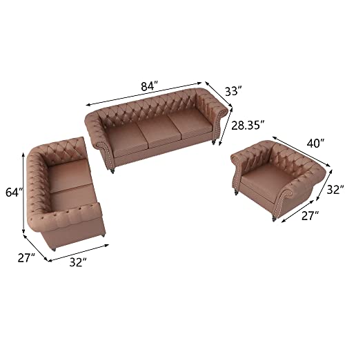 Nosga Large Sofa Pu, Modern Couch Furniture Sofa Classic Tufted Chesterfield Settee Sofa Tufted Back For Living Room, (Dark Brown 1+2+3) #TOP6