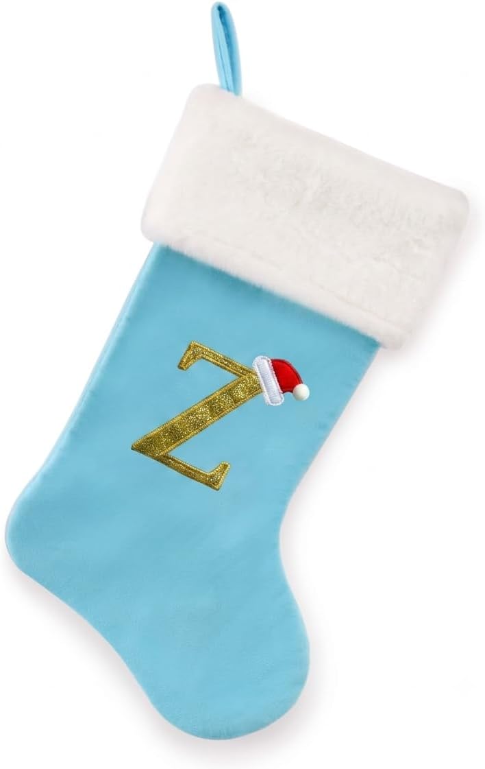 20-Inch Letter Embroidered Christmas Stocking Thick and Luxurious Light Blue Velvet with Super Soft Plush Cuff Personalized Festival Decoration for Xmas and New Year Party(Letter S)