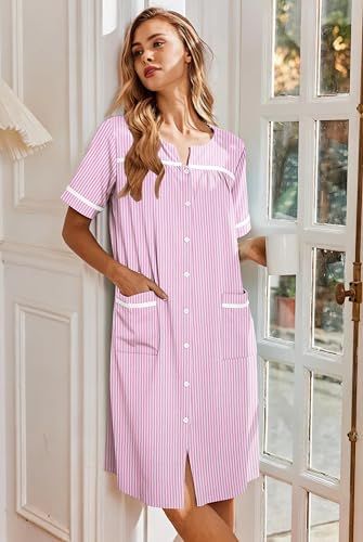 Image of Ekouaer Nightgowns for Women House Dress with Pockets Button Down Sleepshirt Short Sleeve Nightshirt Housecoat
