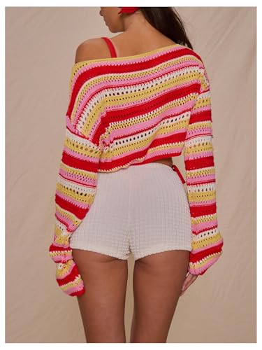 Floerns Women's Striped Crochet Cropped Sweater Boat Neck Long Sleeve Pullover Tops3