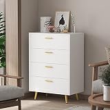 Homsee Modern Dresser Storage Chest with 4 Drawers, Wood Dresser Chest with Gold Metal Legs and Handles for Bedroom, Living Room & Hallway, White (27.4”L x 15.6”W x 37.5”H)