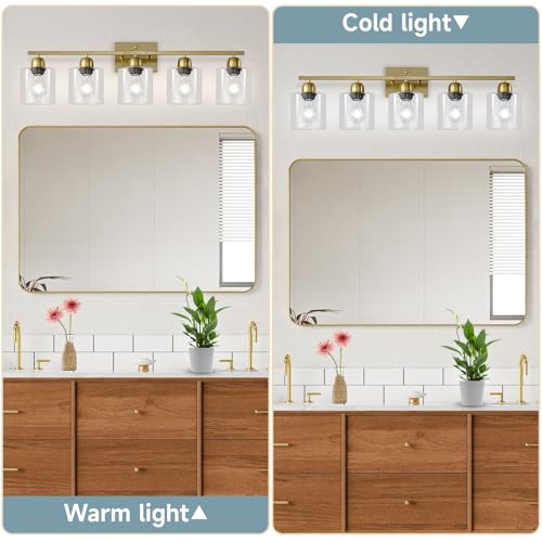 Image of Modern Brushed Gold 5 Light Bathroom Vanity Light,31 inch Vanity Lights for Bathroom with Clear Glass for Mirror Kitchen Living Room Hallway Cabinet Porch