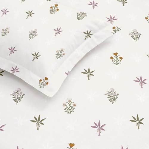 Image of Huesland 210 TC Premium Pure Cotton Bedsheet Queen Size Bed Cotton with 2 Pillow Covers | Palm Meadow | Cream, Pink, Green & Ocre