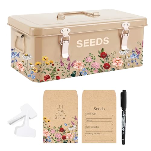 JarThenaAMCS Spring Wildflower Metal Seed Storage Organizer 4 Dividers Vintage Floral Metal Seed Saving Box with 50 Kraft Seeds Envelopes 50 Blank Plant Label Stakes 1 Marker Pen for Home Garden