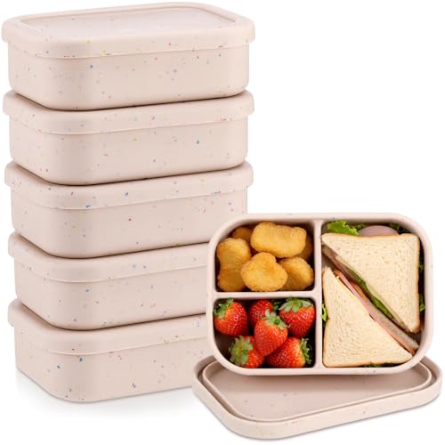 Image of Honeydak 6 Pcs Silicone Bento Box, 3 Compartment Lunch Food Container for Women Men, Leak Proof Microwave Easy to Clean Dishwasher Freezer Safe (Beige)