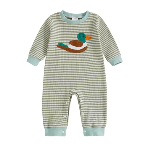 SAYOO Infant Baby Boy Girl Mallard Duck Romper Jumpsuit Green Duck Embroidery One Piece Waffle Overalls Hunting Baby Clothes