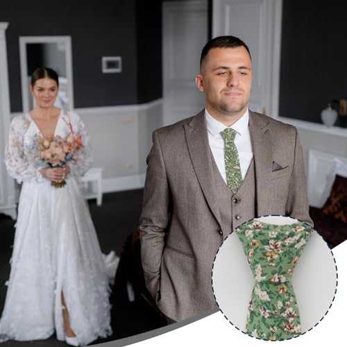 Image of Luckyvestir Ties for Men, Sage Green Cotton Floral Tie 2.76 inch Flower Printed Men's Neckties for Wedding /Groomsmen /Suit /Party