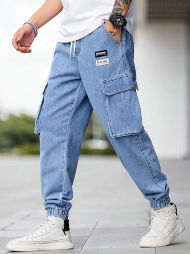 Verdusa Men's Elastic Waist Drawstring Denim Cargo Pants Joggers with Pockets4