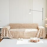 Thick Faux Rabbit Fur Couch Cover 1-Piece Non-Slip Warm Soft Cozy Sofa Covers,Fluffy Plush Sofa Slipcover Furniture Protector for Kids,Pets(Khaki,71' x 118')