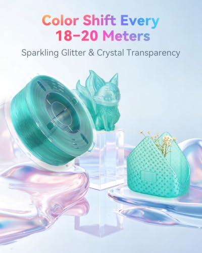Image of VOXELAB PLA Crystal Rainbow Filament 1.75mm, Mint Slush Color, Alternating Light Green, Clear Green & 3272C Green Every 18-20M, Glitter Gradient 3D Printer Filament