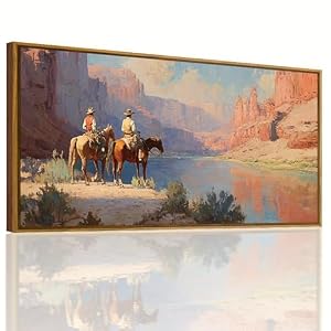 QTUSYUR Western Cowboy Wall Art Framed Rodeo Horseback Riding Desert Print | Large Cowboy Desert Landscape Canvas Artwork for Farmhouse Boy Bedroom Living Room- Mid-Century Modern Wall Picture 20×40 IN