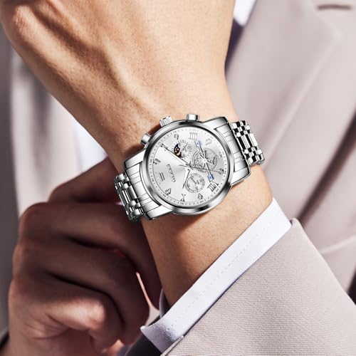 Image of OLEVS Men Watches Stainless Steel Chronograph Watch, Large Wrist Analog Quartz Watch, Fashion Waterproof Diamond Roman Numerals Dress Watches for Men, Gold /Black /White /Blue /Grey Dial