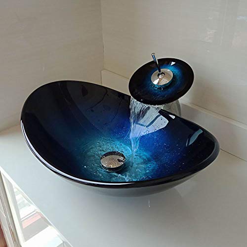 Lavabo de baño Pintado a Mano, Cuenco, Lavabo de Vidrio Templado con grifos de latón y desagüe emergente, Juego de Lavabo de baño, 550 mm