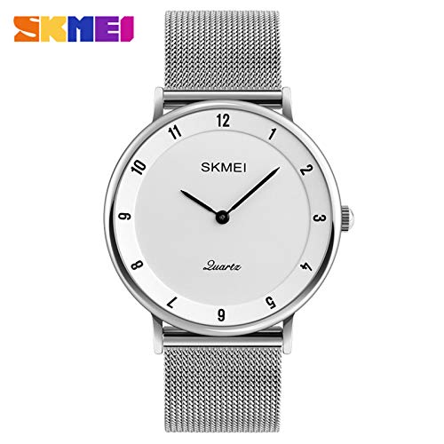 Dophee Montre à Quartz Quartz Analogique Étanche Classique Quartz Montre avec Bracelet en Acier Inoxydable-Surface Blanche et Aiguille Noir