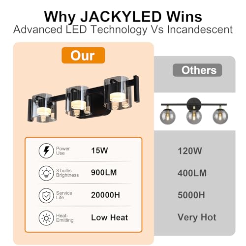 Image of MantoLite 3-Light Black LED Bathroom Vanity Light with Glass Shades | 3 Color Temperatures LED Bathroom Lighting Fixture Over Mirror, 15W 900 Lumen 30 Adjustable Matte Black Frame