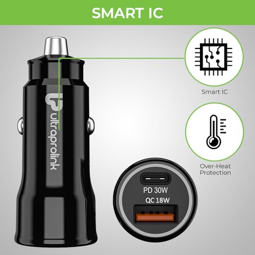 Image of Ultraprolink | 48W Dual Port Fast Car Charger|30W Type C PD-PPS Port+18W USB-A QC3.0 Port| for iPhone 14 /13 /12 /11, iPads | Includes 1m USB C to iPhone PD Cable | Mach48|UM1157L | Black