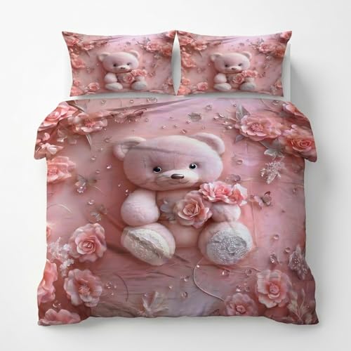 Image of Teddy 7D Printed Bedsheet for Double Bed | Glace Cotton 7D Digital Print | 90x100 Inch (228x254 cm) | 1 Bedsheet + 2 Pillow Covers | Soft, Breathable & Vibrant Colour Bedding Set