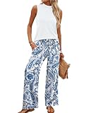 WIHOLL 2 Piece Set for Women Summer Spring Outfits Cruise Travel Airport Beach Vacation Clothes Hawaiian Trendy Lounge Sets Mock Neck Matching Women Clothing Wide Leg Pants Set S