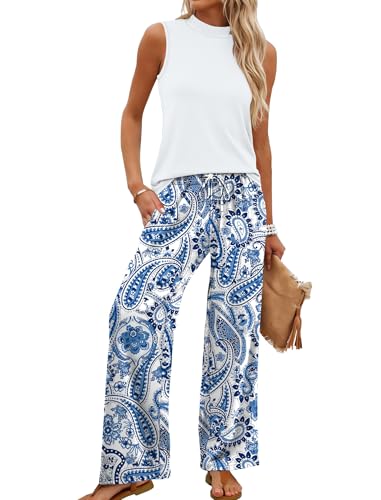 WIHOLL Two Piece Set for Women Summer Spring Outfits Cruise Travel Airport Beach Vacation Clothes Trendy Boho Lounge Sets Mock Neck Matching Women Clothing Wide Leg Pants Set M