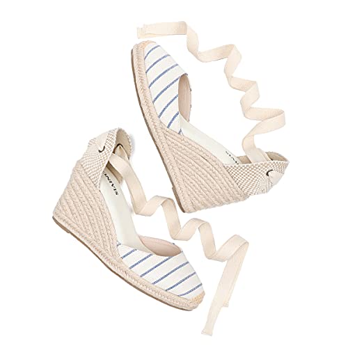 Tonivis Womens Espadrilles Wedge Sandals Platform Closed Toe Ankle Strap Lace Up Summer Cap Toe Shoes 8.5 Size #TOP2
